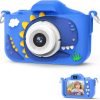 Детски фотоапарат STELS DinoCam X350 в син цвят с обектив и задeн екран, показващ менюто.
