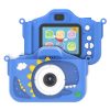 Детски фотоапарат STELS DinoCam X350 в син цвят с отворен дизайн, показващ обектива и екрана с икони.