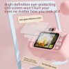 Розово устройство с екран и надпис, подчертаващ технологията за защита на очите и ясния дисплей.